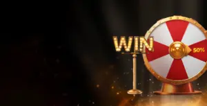 Image showing a red and white spinning wheel with the word WIN, promoting the bonus combo at 1хСлотс with a luxurious theme.